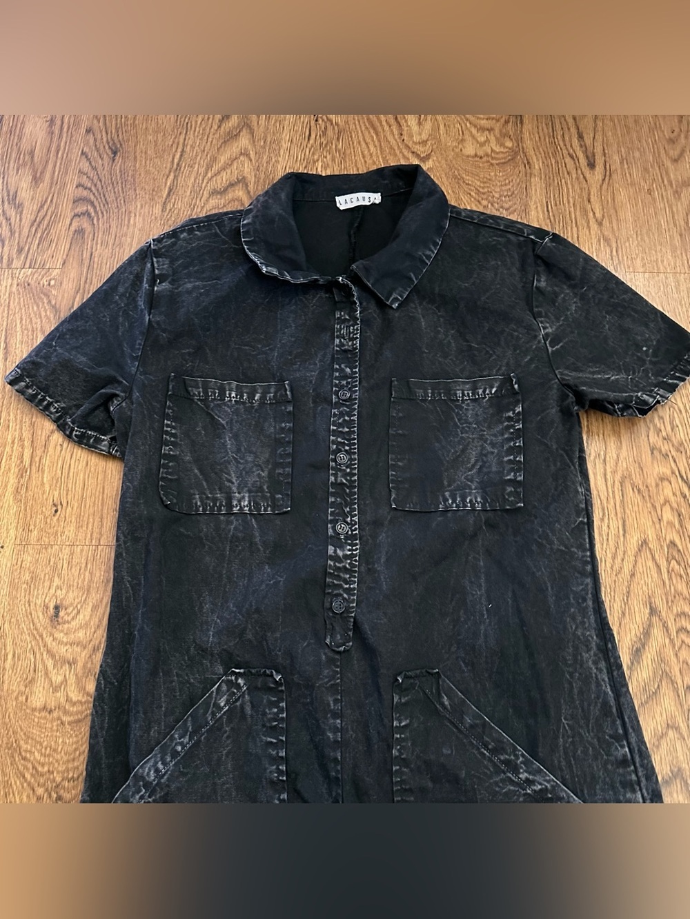 LACAUSA Black washed short sleeve front pockets XS cotton wide leg jumpsuit - Picture 5 of 11